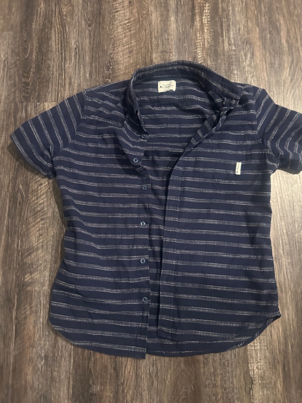 Ben Sherman Navy Short-Sleeve Button-Down with Light Gray Stripes